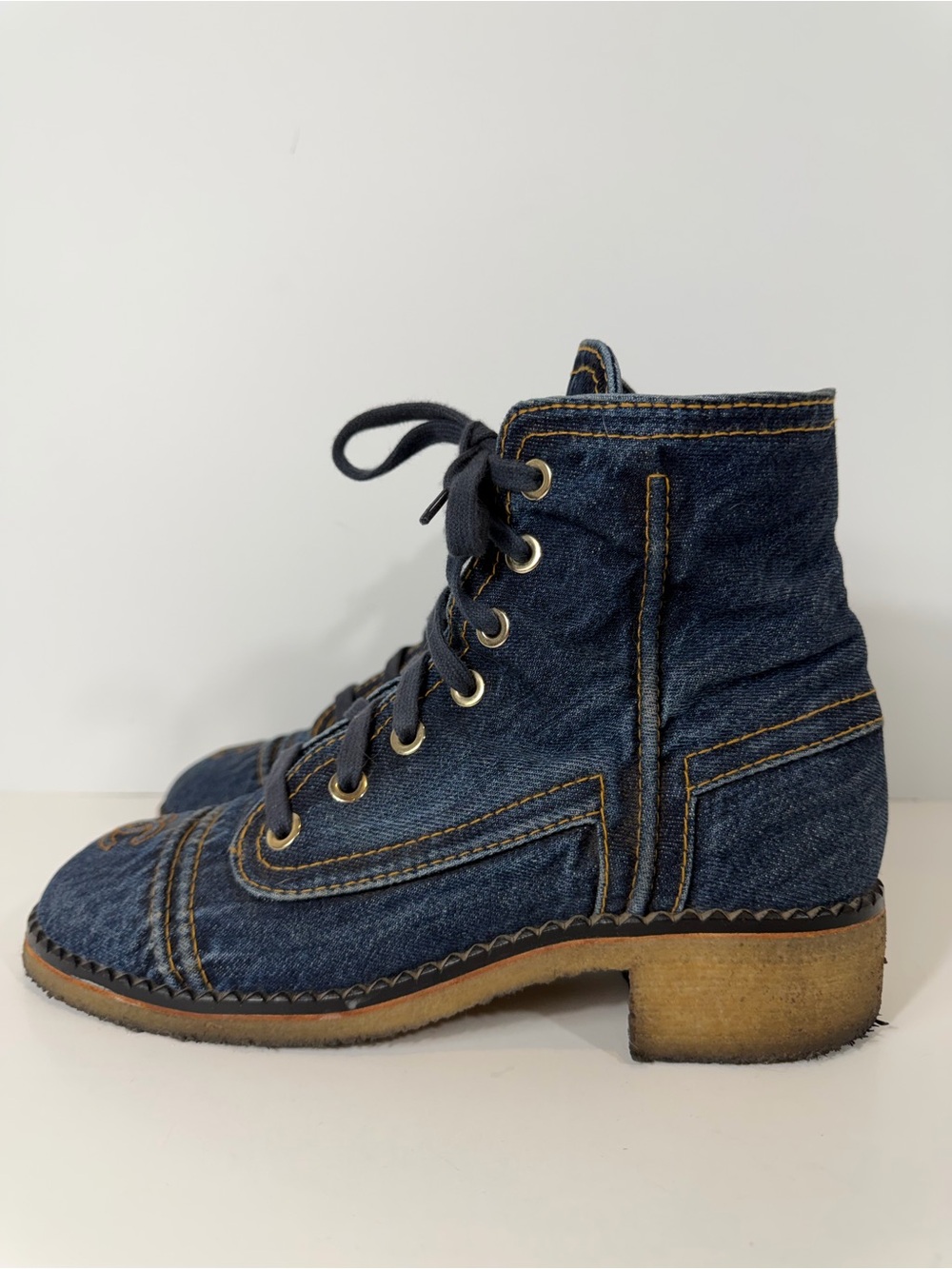 CHANEL Denim Lace Up Ankle Boots CC Logo Size 10 EU 40 Blue Jean Boots - Picture 8 of 13